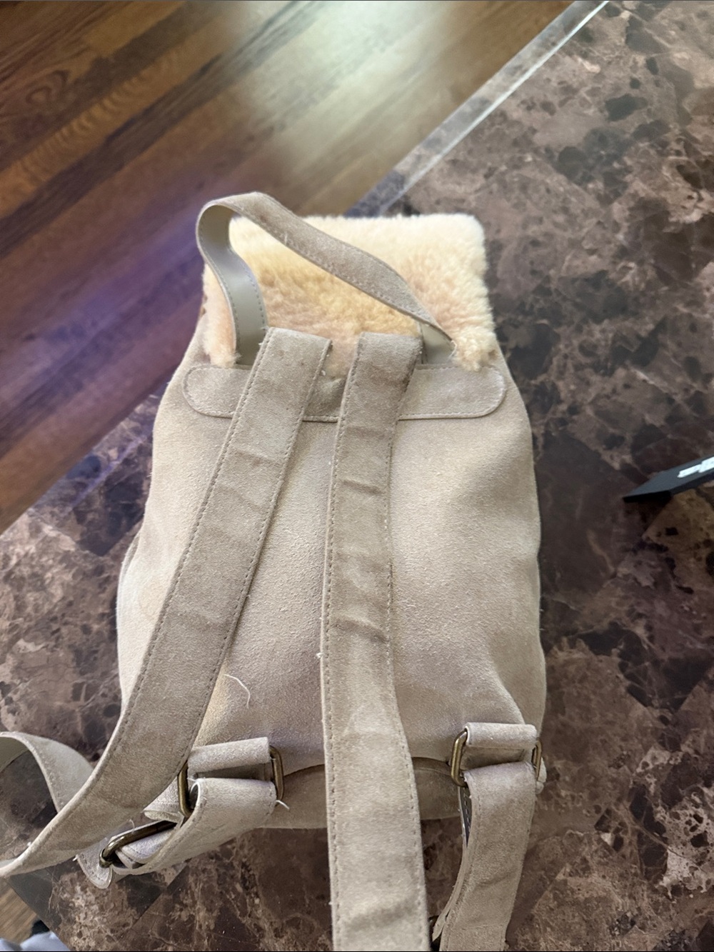 UGG Women's Sheepskin Flap Drawstring Backpack in Beige - Picture 4 of 5